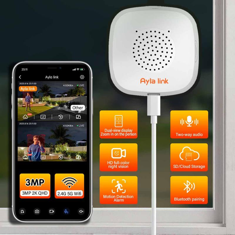 3MP 2K Window Camera,Color Night Vision,Dual-View,Automatically Zoom In,2.4Ghz & 5Ghz Wifi Indoor Security Cameras, for Home Security ,Person & Motion Detection,Sd Card Storage(Not Included)，24/7 Recording,Easy & Quick Instal